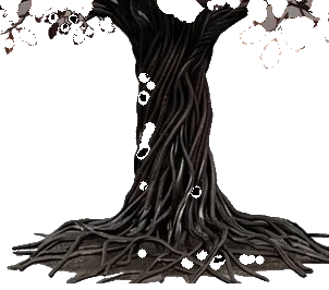 The forged trunk of the tree, made of many strands wound together, opening out into a plate of roots across the ground