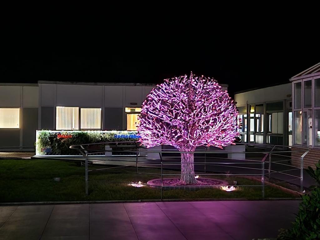 A forged tree lit from below at night in a hospital courtyard garden